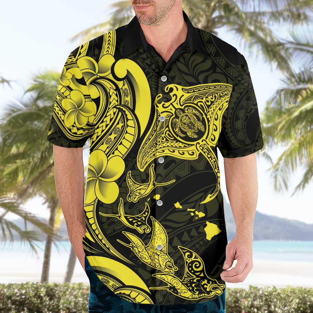 Hawaiian Manta Rays Hawaiian Shirt Tribal Hibiscus Polynesian Tattoos Yellow Color - Polynesian Pride