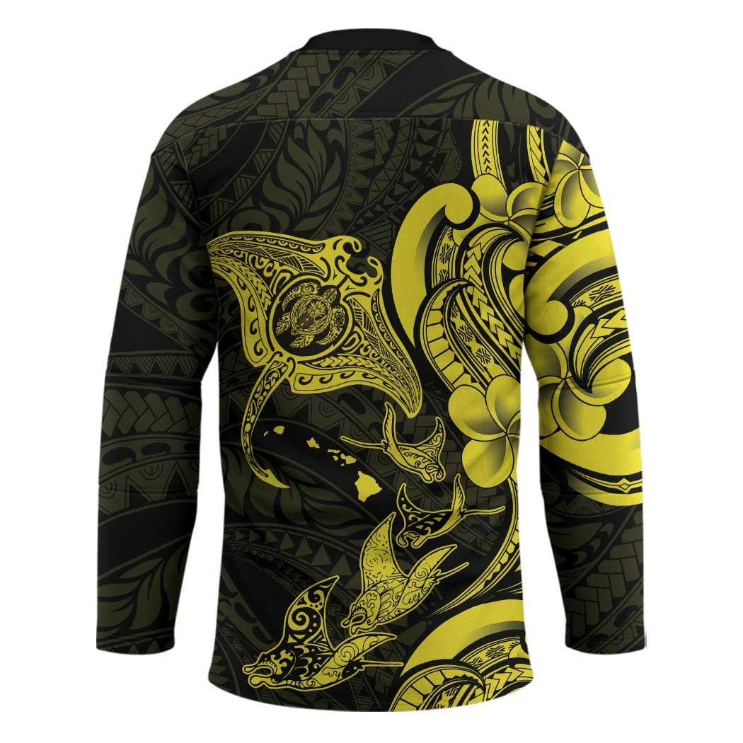 Hawaiian Manta Rays Hockey Jersey Tribal Hibiscus Polynesian Tattoos Yellow Color - Polynesian Pride