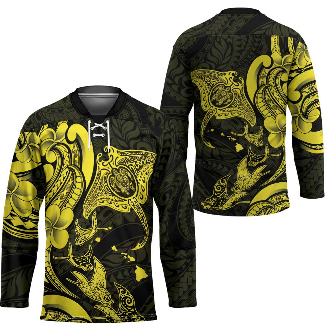 Hawaiian Manta Rays Hockey Jersey Tribal Hibiscus Polynesian Tattoos Yellow Color - Polynesian Pride