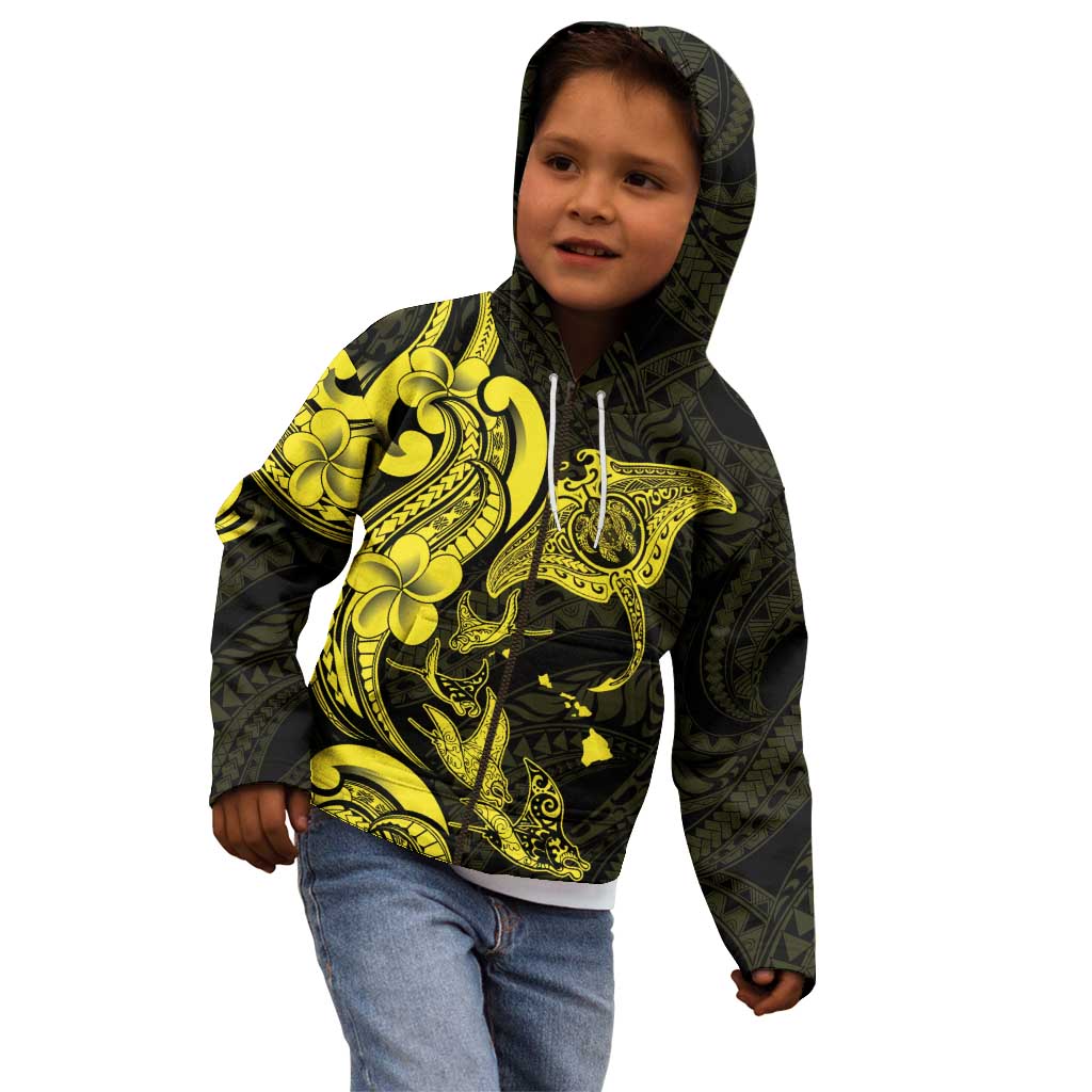 Hawaiian Manta Rays Kid Hoodie Tribal Hibiscus Polynesian Tattoos Yellow Color - Polynesian Pride