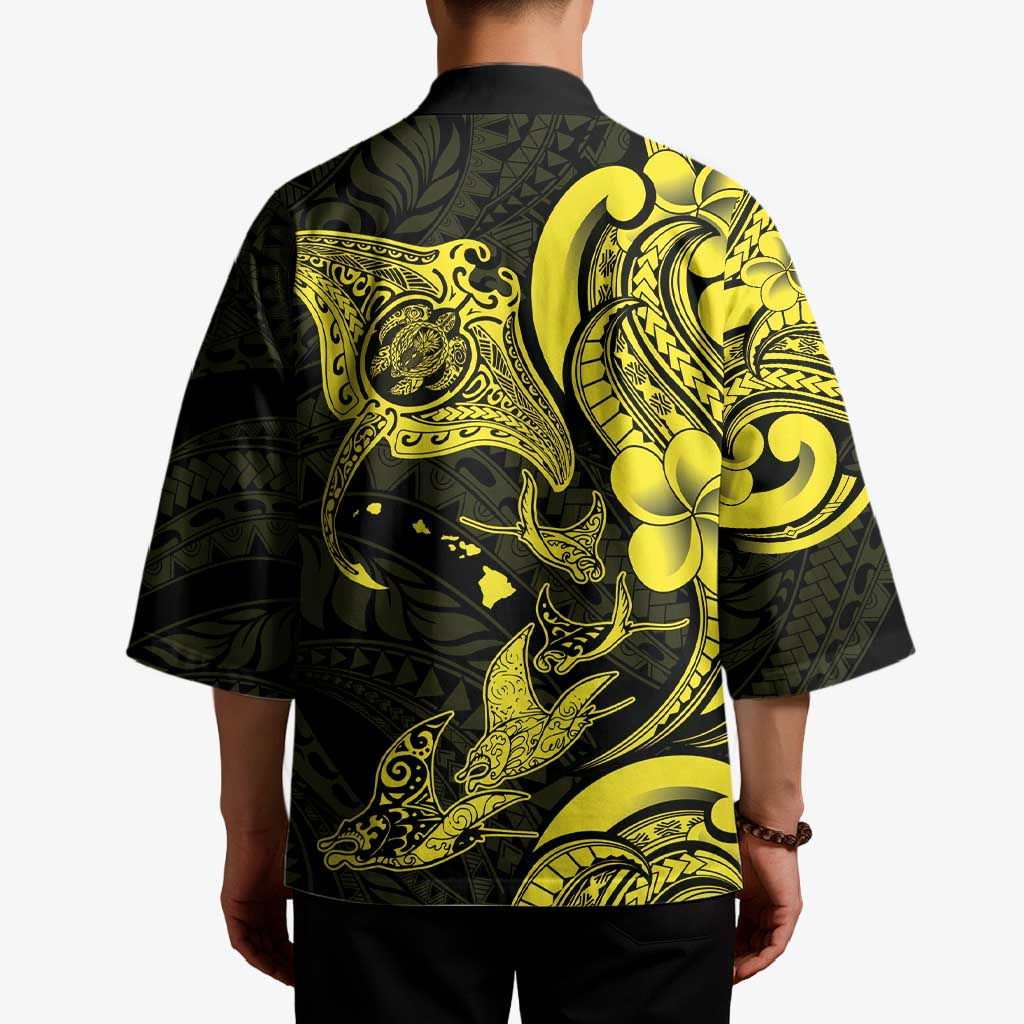 Hawaiian Manta Rays Kimono Tribal Hibiscus Polynesian Tattoos Yellow Color - Polynesian Pride