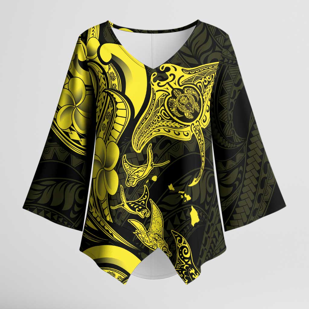 Hawaiian Manta Rays Kimono Sleeve Blouse Tribal Hibiscus Polynesian Tattoos Yellow Color - Polynesian Pride