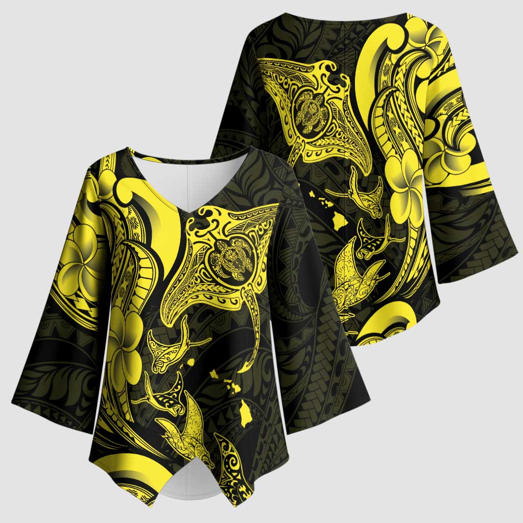 Hawaiian Manta Rays Kimono Sleeve Blouse Tribal Hibiscus Polynesian Tattoos Yellow Color - Polynesian Pride