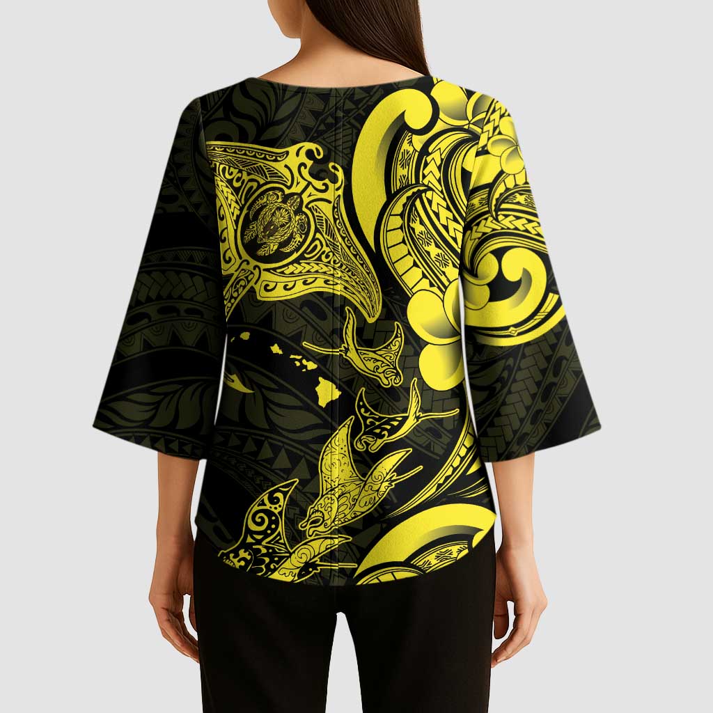 Hawaiian Manta Rays Kimono Sleeve Blouse Tribal Hibiscus Polynesian Tattoos Yellow Color - Polynesian Pride