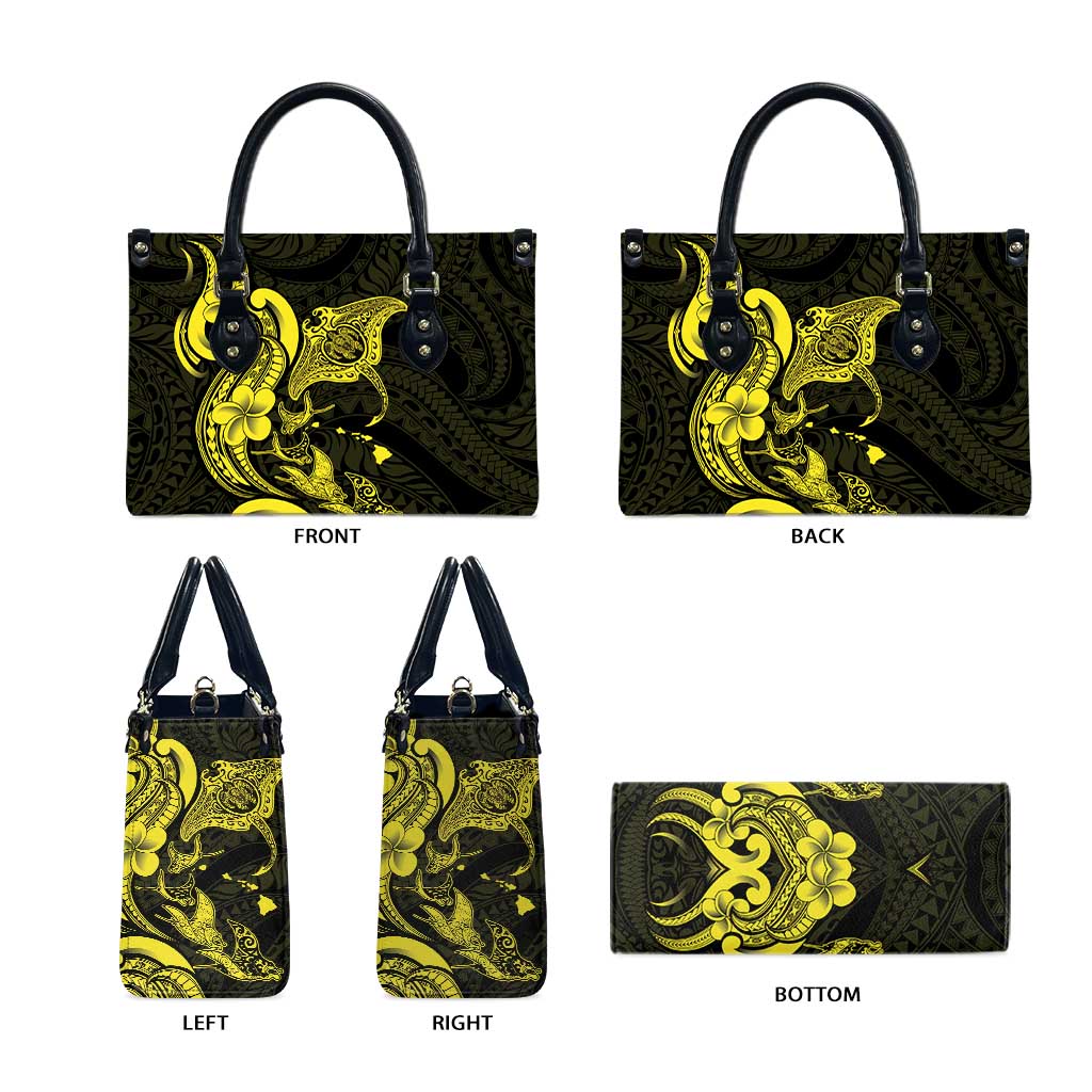 Hawaiian Manta Rays Leather Bag Tribal Hibiscus Polynesian Tattoos Yellow Color - Polynesian Pride