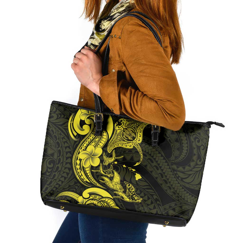 Hawaiian Manta Rays Leather Tote Bag Tribal Hibiscus Polynesian Tattoos Yellow Color - Polynesian Pride