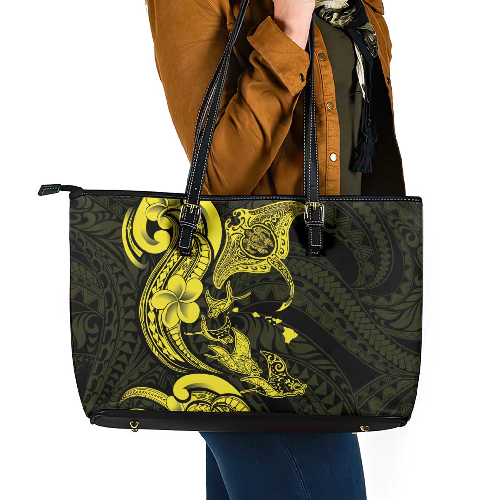 Hawaiian Manta Rays Leather Tote Bag Tribal Hibiscus Polynesian Tattoos Yellow Color - Polynesian Pride