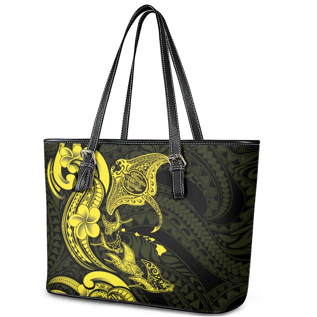 Hawaiian Manta Rays Leather Tote Bag Tribal Hibiscus Polynesian Tattoos Yellow Color - Polynesian Pride
