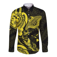 Hawaiian Manta Rays Long Sleeve Button Shirt Tribal Hibiscus Polynesian Tattoos Yellow Color - Polynesian Pride