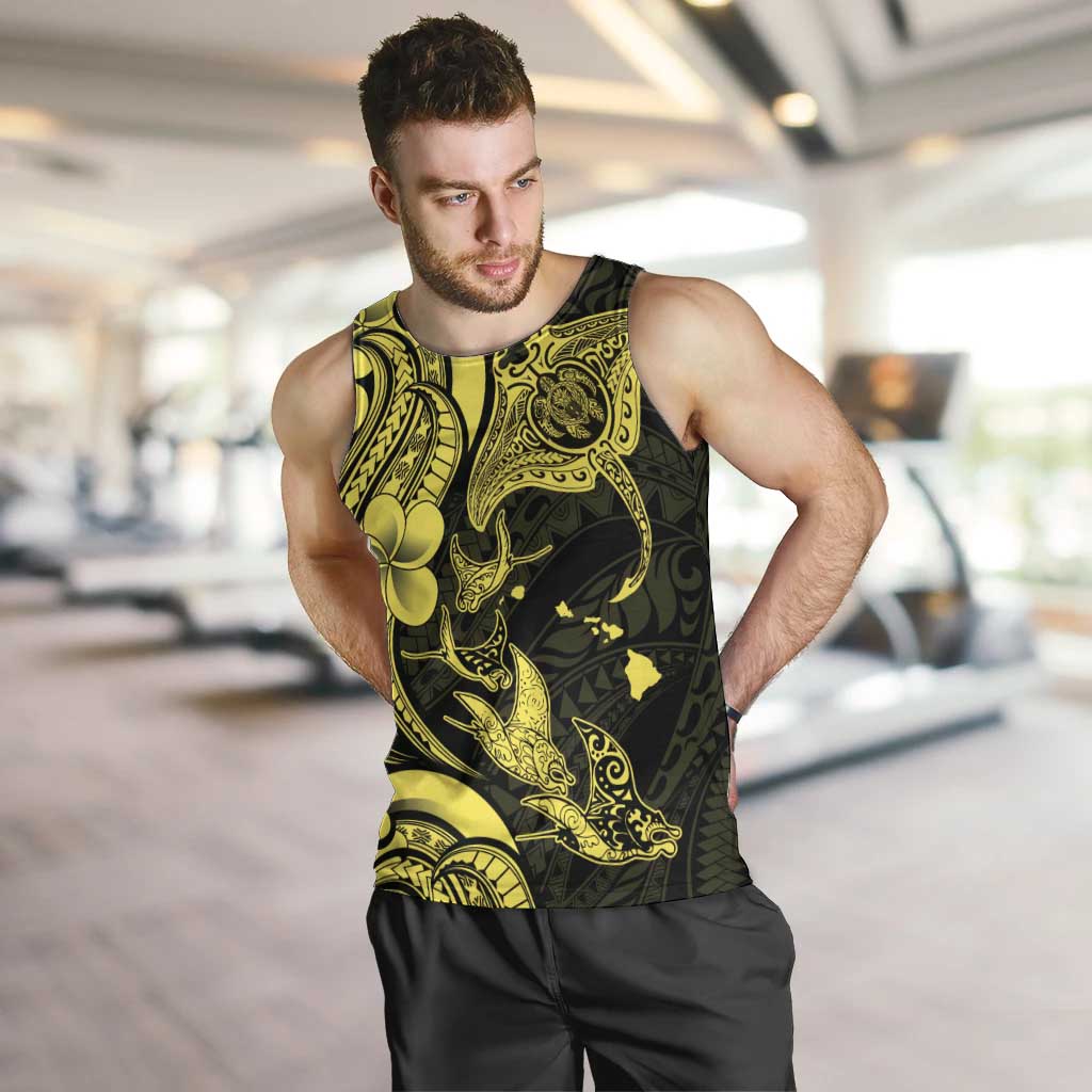 Hawaiian Manta Rays Men Tank Top Tribal Hibiscus Polynesian Tattoos Yellow Color - Polynesian Pride