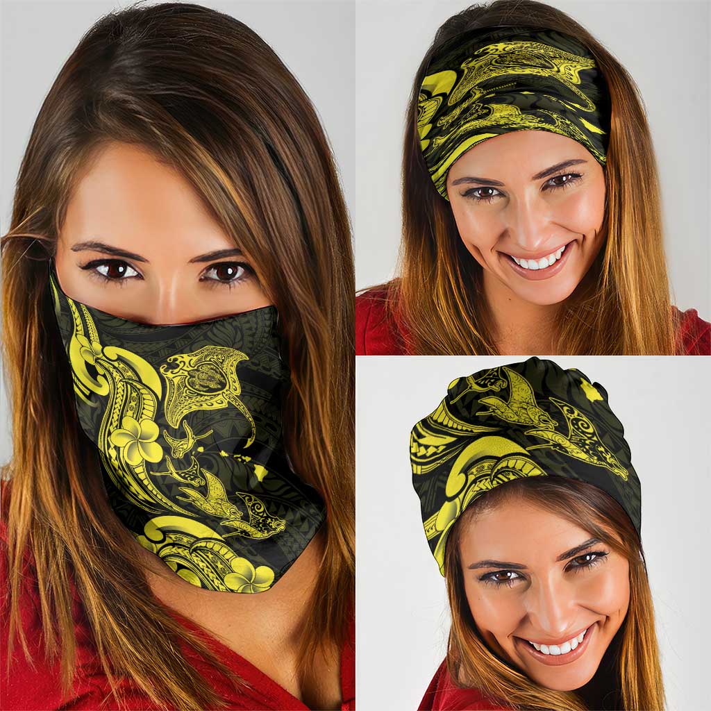 Hawaiian Manta Rays Neck Gaiter Tribal Hibiscus Polynesian Tattoos Yellow Color - Polynesian Pride