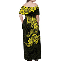 Hawaiian Manta Rays Off Shoulder Maxi Dress Tribal Hibiscus Polynesian Tattoos Yellow Color - Polynesian Pride