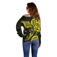 Hawaiian Manta Rays Off Shoulder Sweater Tribal Hibiscus Polynesian Tattoos Yellow Color - Polynesian Pride