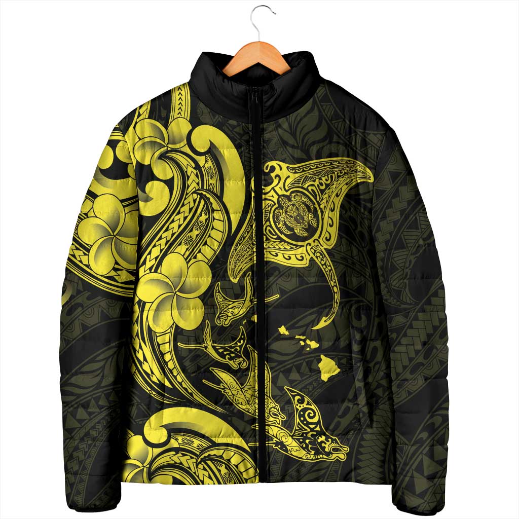 Hawaiian Manta Rays Padded Jacket Tribal Hibiscus Polynesian Tattoos Yellow Color - Polynesian Pride