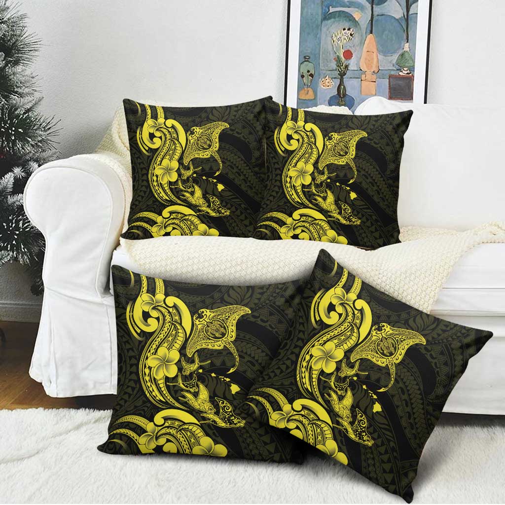 Hawaiian Manta Rays Pillow Cover Tribal Hibiscus Polynesian Tattoos Yellow Color - Polynesian Pride
