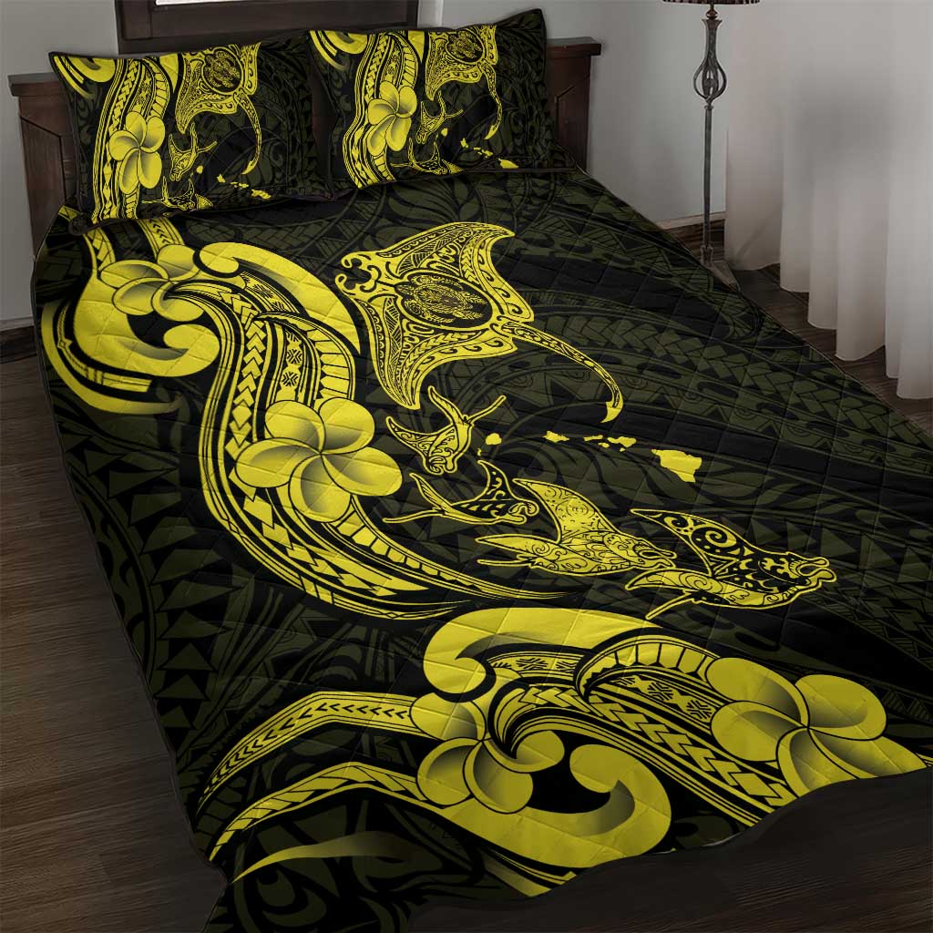 Hawaiian Manta Rays Quilt Bed Set Tribal Hibiscus Polynesian Tattoos Yellow Color - Polynesian Pride