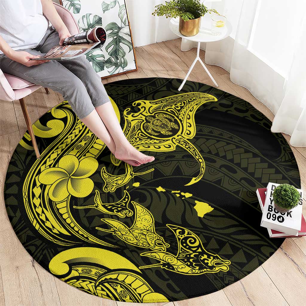 Hawaiian Manta Rays Round Carpet Tribal Hibiscus Polynesian Tattoos Yellow Color - Polynesian Pride
