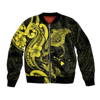 Hawaiian Manta Rays Sleeve Zip Bomber Jacket Tribal Hibiscus Polynesian Tattoos Yellow Color - Polynesian Pride
