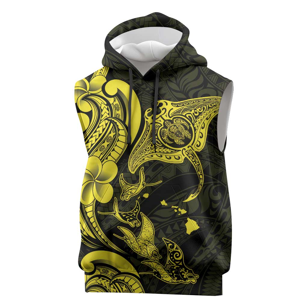 Hawaiian Manta Rays Sleeveless Hoodie Tribal Hibiscus Polynesian Tattoos Yellow Color - Polynesian Pride