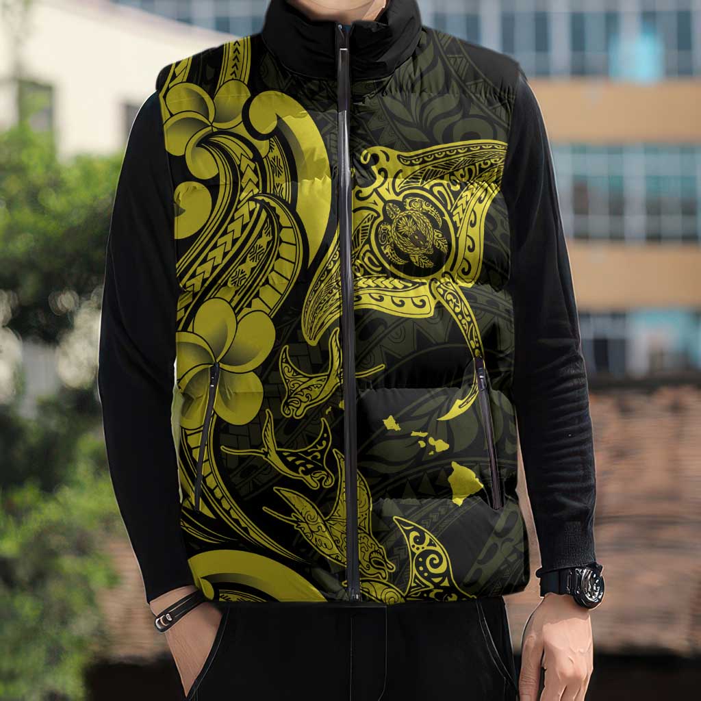 Hawaiian Manta Rays Sleeveless Puffer Jacket Tribal Hibiscus Polynesian Tattoos Yellow Color - Polynesian Pride