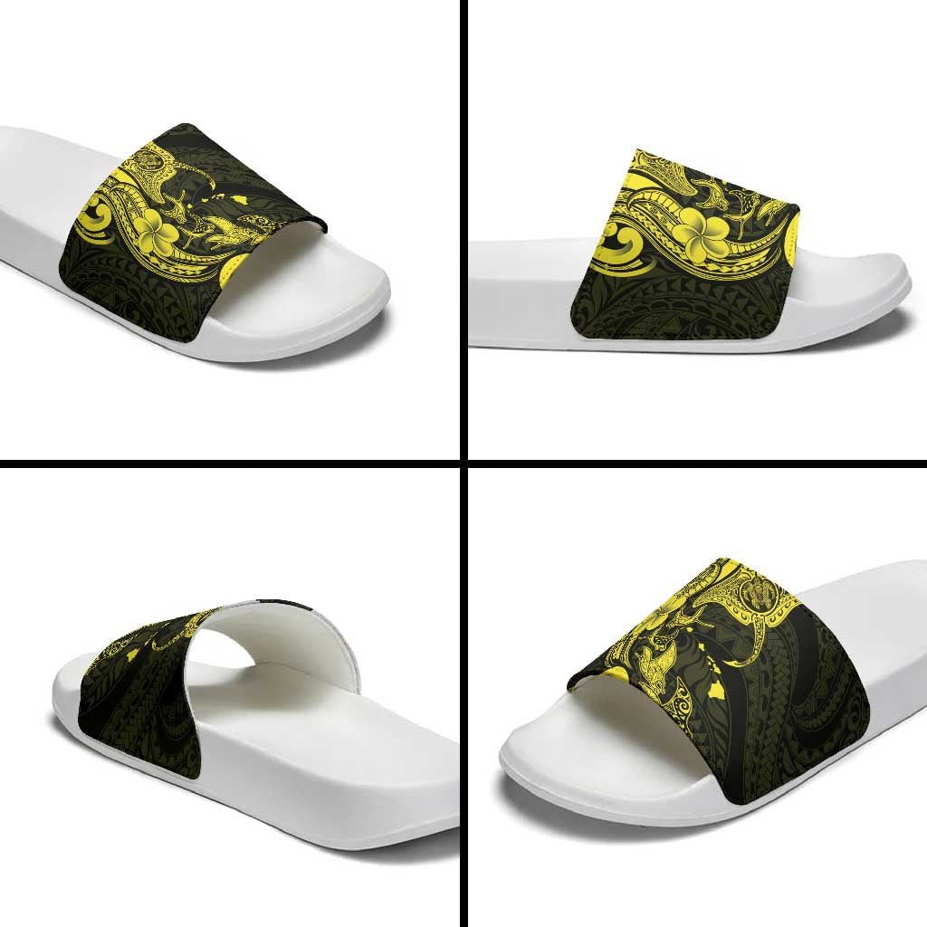 Hawaiian Manta Rays Slide Sandals Tribal Hibiscus Polynesian Tattoos Yellow Color - Polynesian Pride