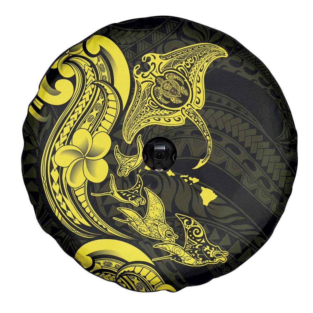 Hawaiian Manta Rays Spare Tire Cover Tribal Hibiscus Polynesian Tattoos Yellow Color - Polynesian Pride