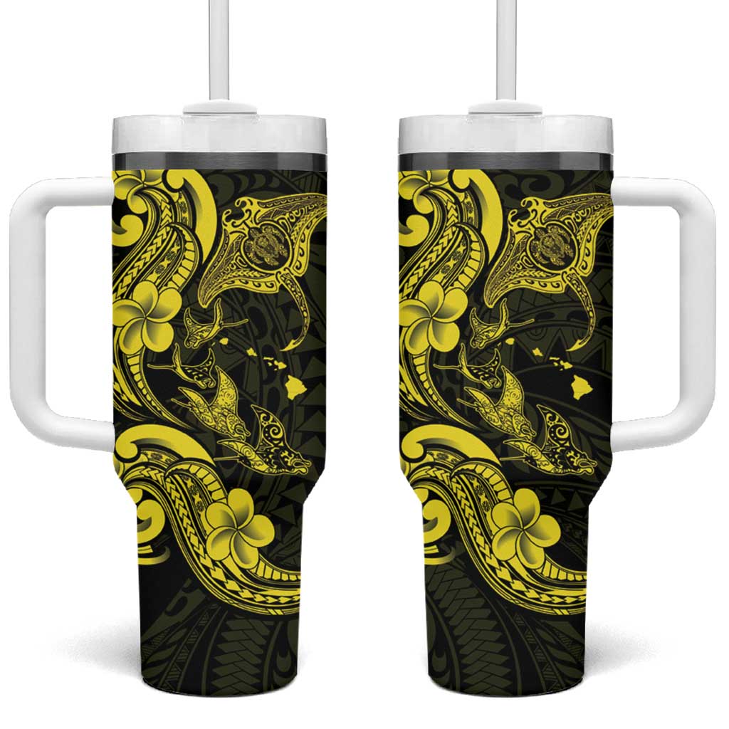 Hawaiian Manta Rays Tumbler With Handle Tribal Hibiscus Polynesian Tattoos Yellow Color - Polynesian Pride