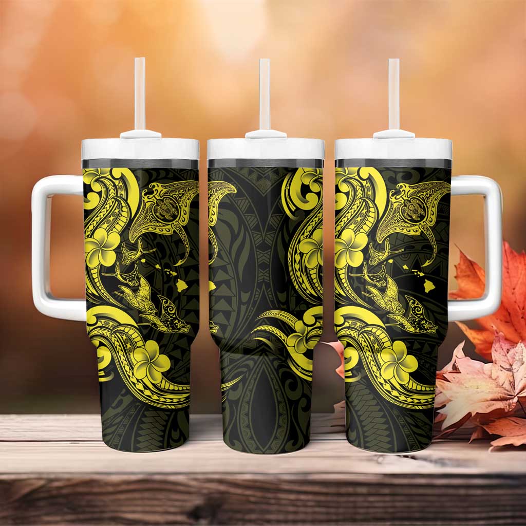 Hawaiian Manta Rays Tumbler With Handle Tribal Hibiscus Polynesian Tattoos Yellow Color - Polynesian Pride
