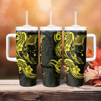 Hawaiian Manta Rays Tumbler With Handle Tribal Hibiscus Polynesian Tattoos Yellow Color - Polynesian Pride