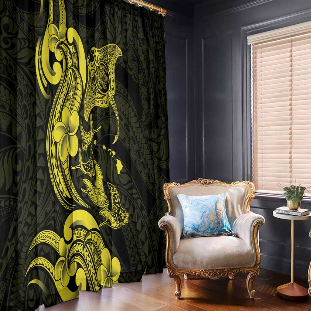 Hawaiian Manta Rays Window Curtain Tribal Hibiscus Polynesian Tattoos Yellow Color - Polynesian Pride