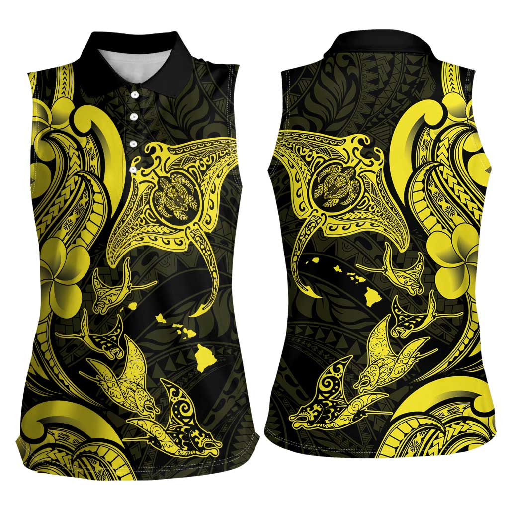 Hawaiian Manta Rays Women Sleeveless Polo Shirt Tribal Hibiscus Polynesian Tattoos Yellow Color - Polynesian Pride