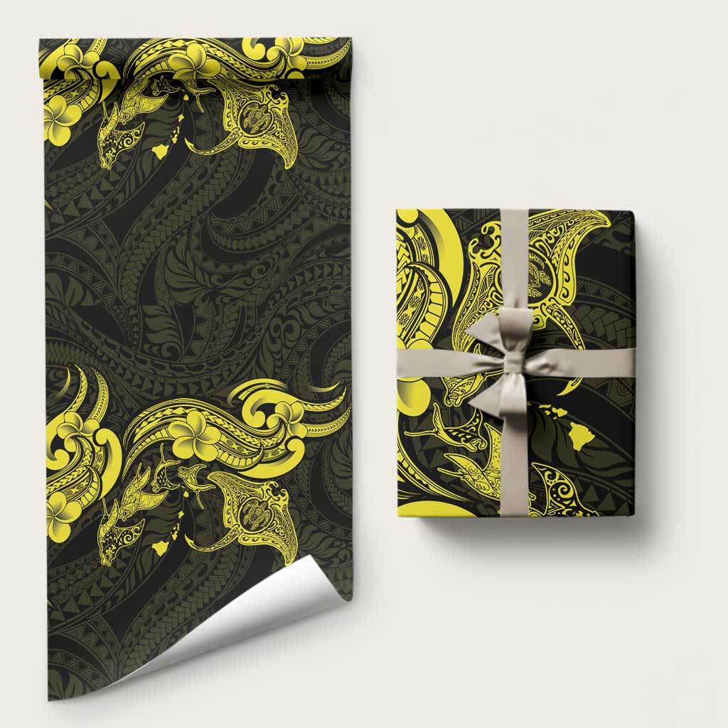 Hawaiian Manta Rays Wrapping Paper Tribal Hibiscus Polynesian Tattoos Yellow Color LT03 58" × 23" Yellow - Polynesian Pride