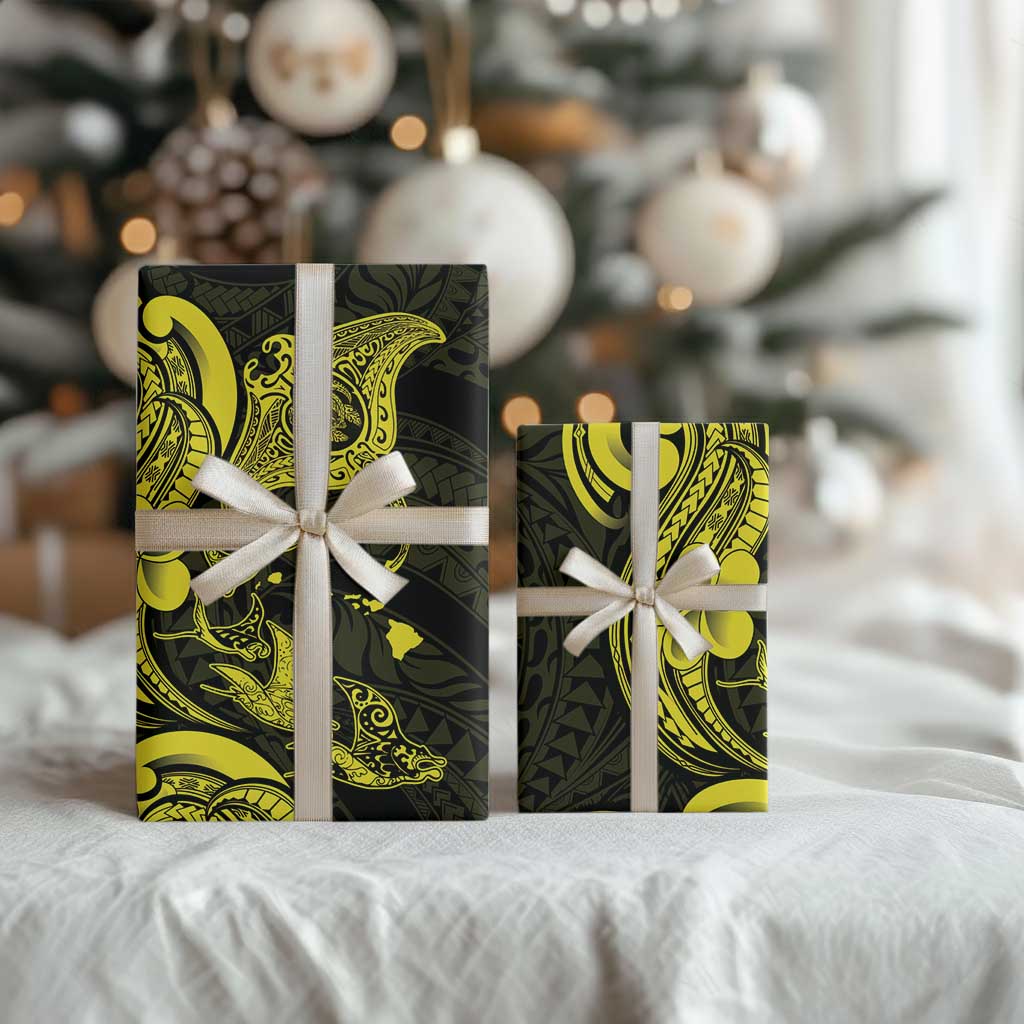 Hawaiian Manta Rays Wrapping Paper Tribal Hibiscus Polynesian Tattoos Yellow Color LT03 - Polynesian Pride