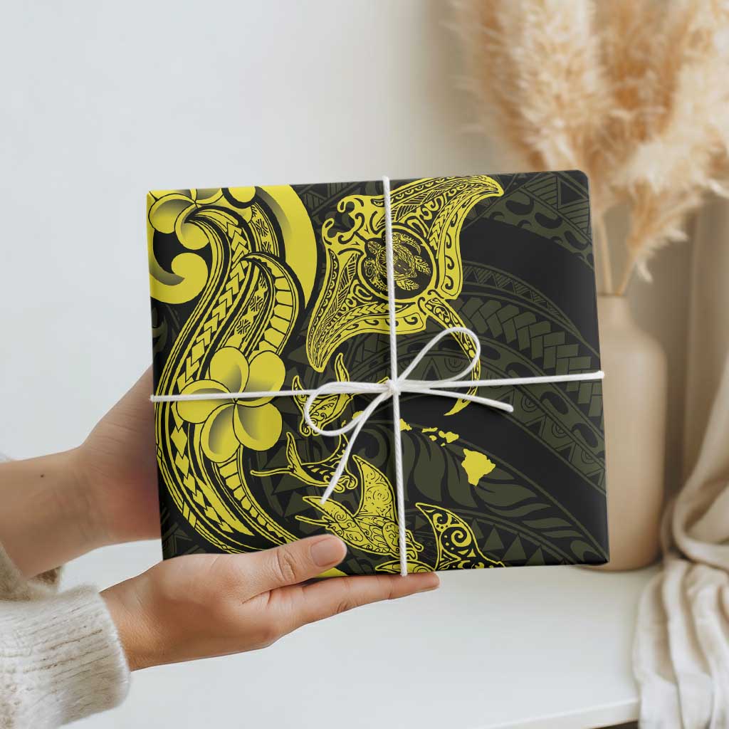 Hawaiian Manta Rays Wrapping Paper Tribal Hibiscus Polynesian Tattoos Yellow Color LT03 - Polynesian Pride