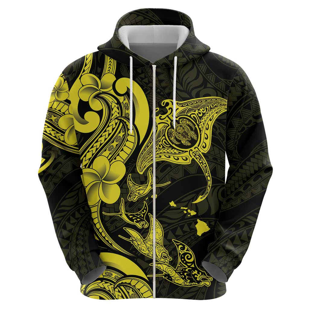 Hawaiian Manta Rays Zip Hoodie Tribal Hibiscus Polynesian Tattoos Yellow Color - Polynesian Pride