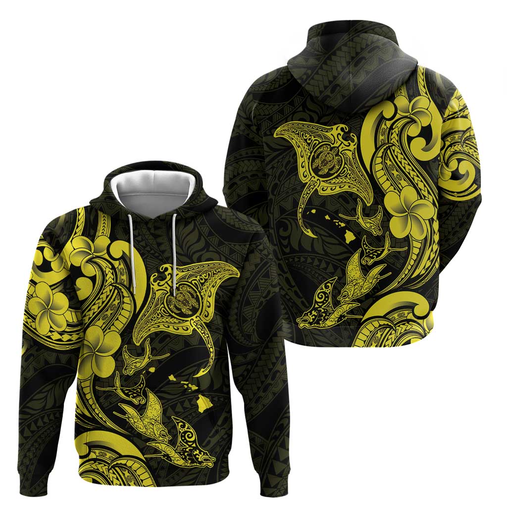Hawaiian Manta Rays Zip Hoodie Tribal Hibiscus Polynesian Tattoos Yellow Color - Polynesian Pride