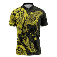 Hawaiian Manta Rays Zipper Polo Shirt Tribal Hibiscus Polynesian Tattoos Yellow Color - Polynesian Pride