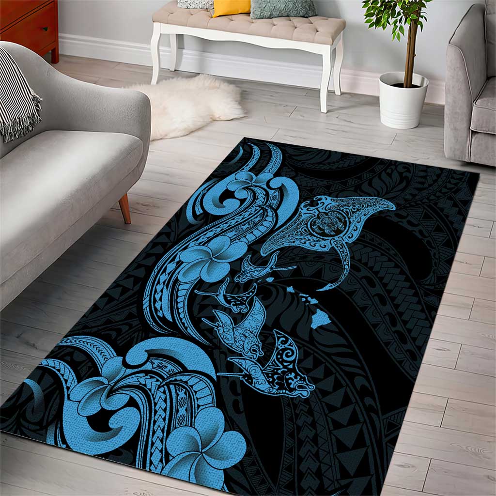 Hawaiian Manta Rays Area Rug Tribal Hibiscus Polynesian Tattoos Blue Color - Polynesian Pride