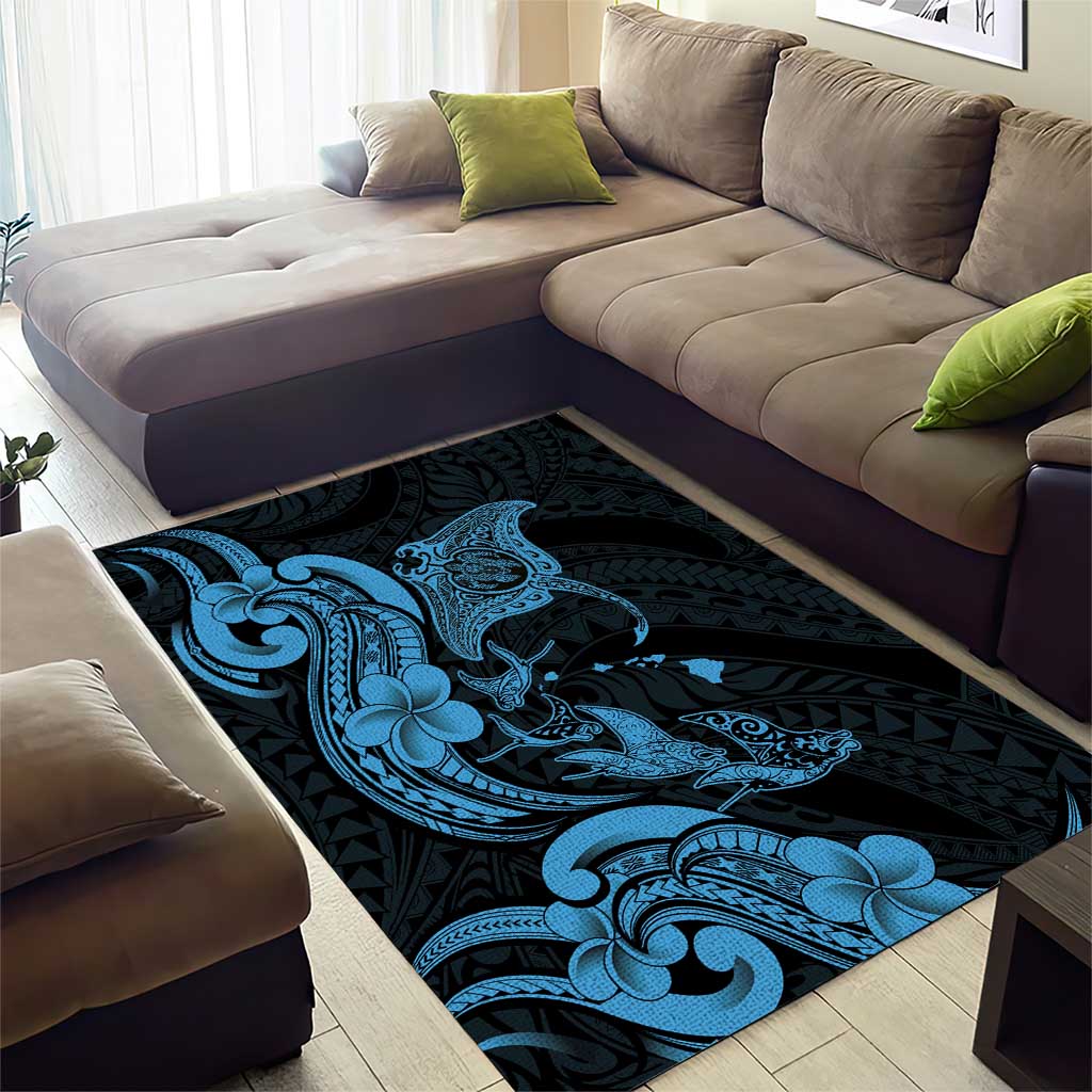 Hawaiian Manta Rays Area Rug Tribal Hibiscus Polynesian Tattoos Blue Color - Polynesian Pride