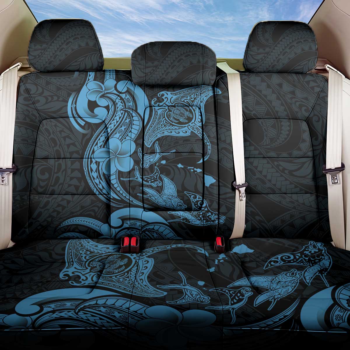 Hawaiian Manta Rays Back Car Seat Cover Tribal Hibiscus Polynesian Tattoos Blue Color - Polynesian Pride