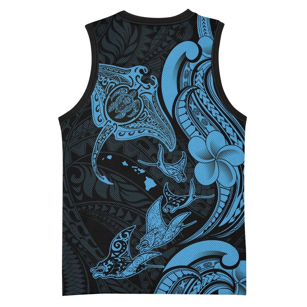 Hawaiian Manta Rays Basketball Jersey Tribal Hibiscus Polynesian Tattoos Blue Color - Polynesian Pride