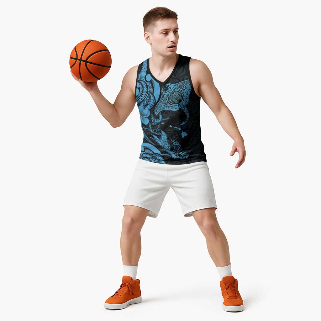 Hawaiian Manta Rays Basketball Jersey Tribal Hibiscus Polynesian Tattoos Blue Color - Polynesian Pride