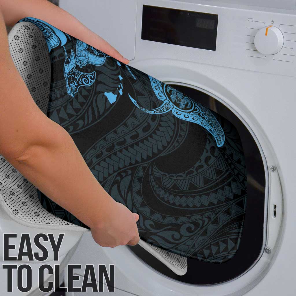 Hawaiian Manta Rays Bathroom Set Tribal Hibiscus Polynesian Tattoos Blue Color - Polynesian Pride
