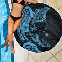Hawaiian Manta Rays Beach Blanket Tribal Hibiscus Polynesian Tattoos Blue Color - Polynesian Pride