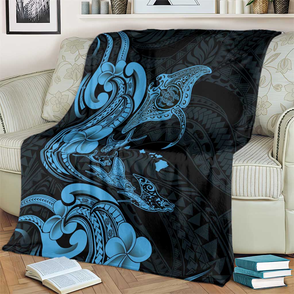 Hawaiian Manta Rays Blanket Tribal Hibiscus Polynesian Tattoos Blue Color LT03 - Polynesian Pride