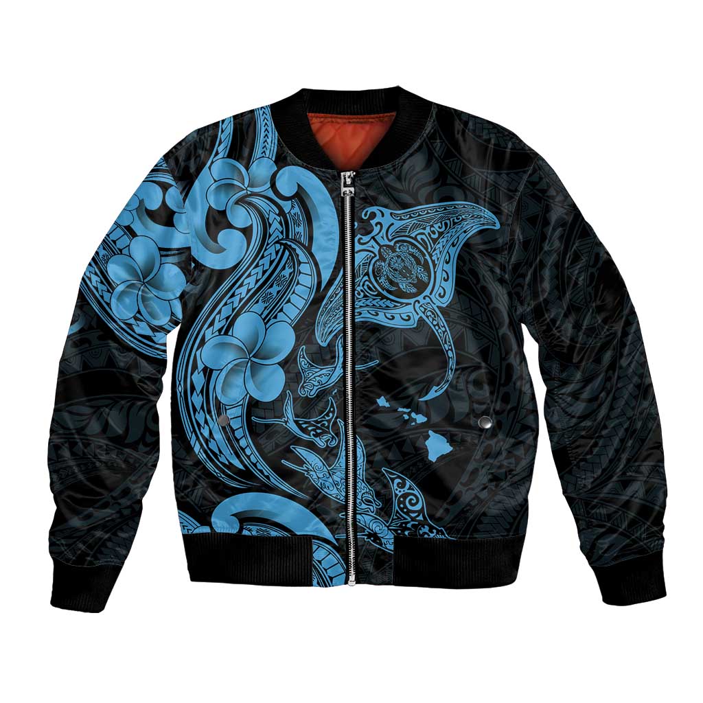 Hawaiian Manta Rays Bomber Jacket Tribal Hibiscus Polynesian Tattoos Blue Color - Polynesian Pride