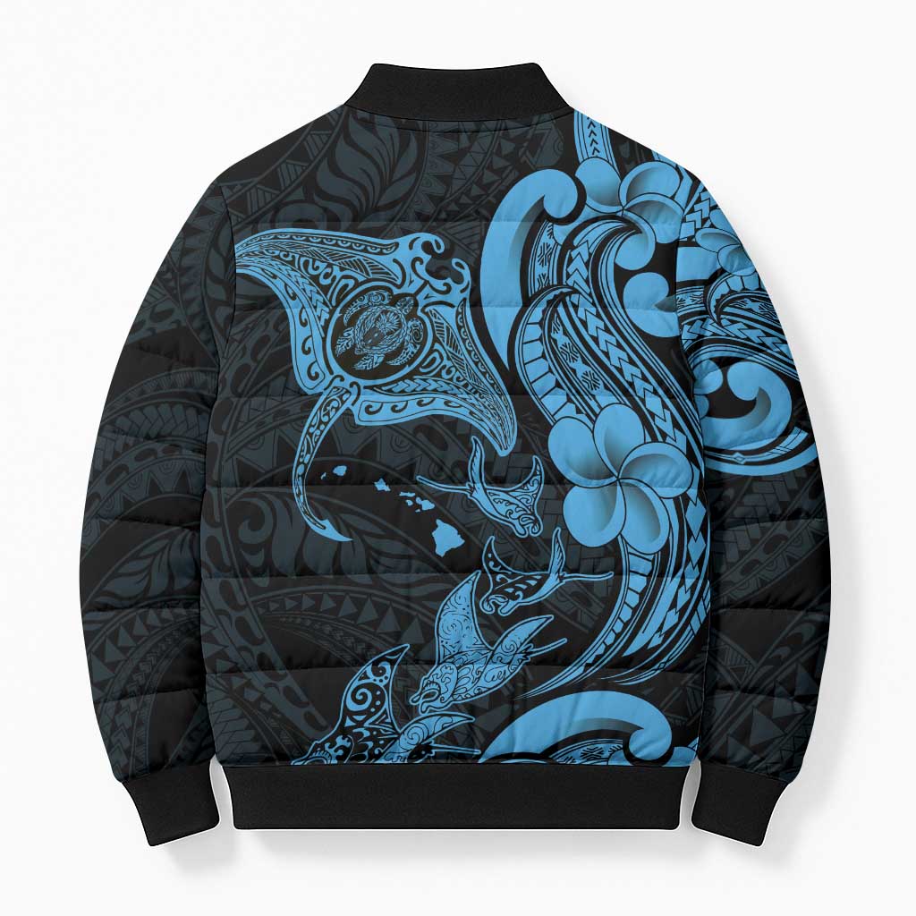Hawaiian Manta Rays Bomber Puffer Jacket Tribal Hibiscus Polynesian Tattoos Blue Color LT03 - Polynesian Pride