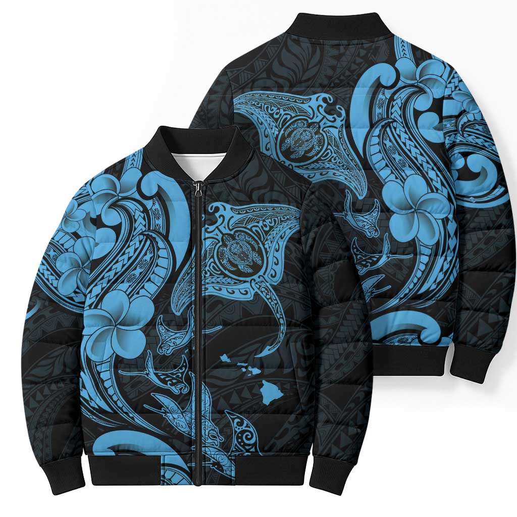 Hawaiian Manta Rays Bomber Puffer Jacket Tribal Hibiscus Polynesian Tattoos Blue Color LT03 - Polynesian Pride