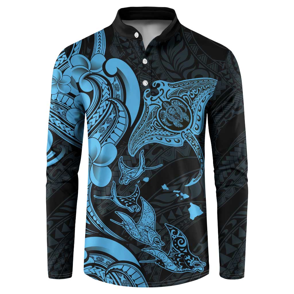 Hawaiian Manta Rays Button Sweatshirt Tribal Hibiscus Polynesian Tattoos Blue Color - Polynesian Pride
