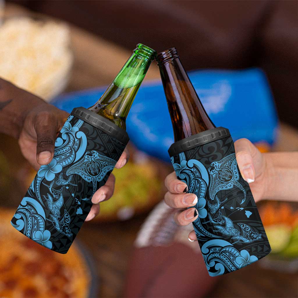 Hawaiian Manta Rays 4 in 1 Can Cooler Tumbler Tribal Hibiscus Polynesian Tattoos Blue Color - Polynesian Pride